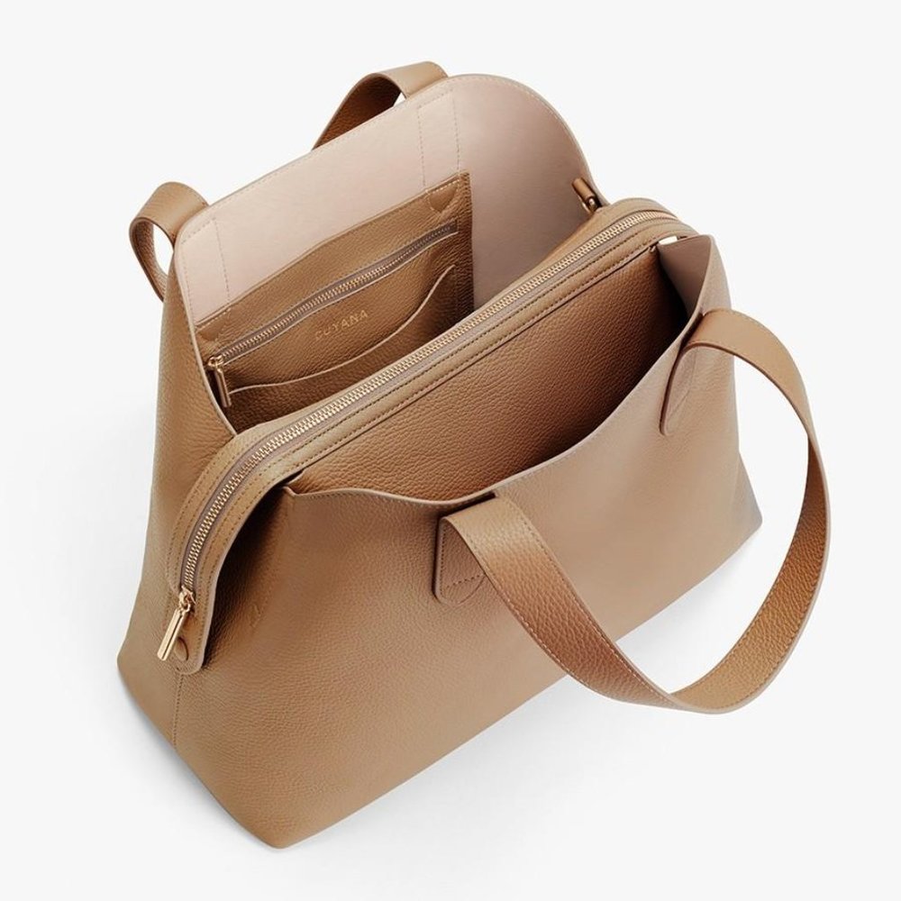 CUYANA Zippered Satchel (Cappuccino, Pebbled, Gold)